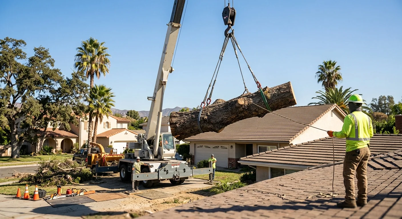 Crane lifting a tree section above a home during removal