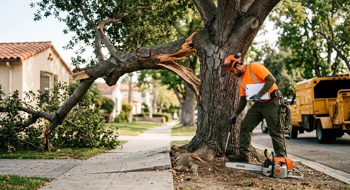 Storm-damaged tree with split limbs marked for removal near a walkway