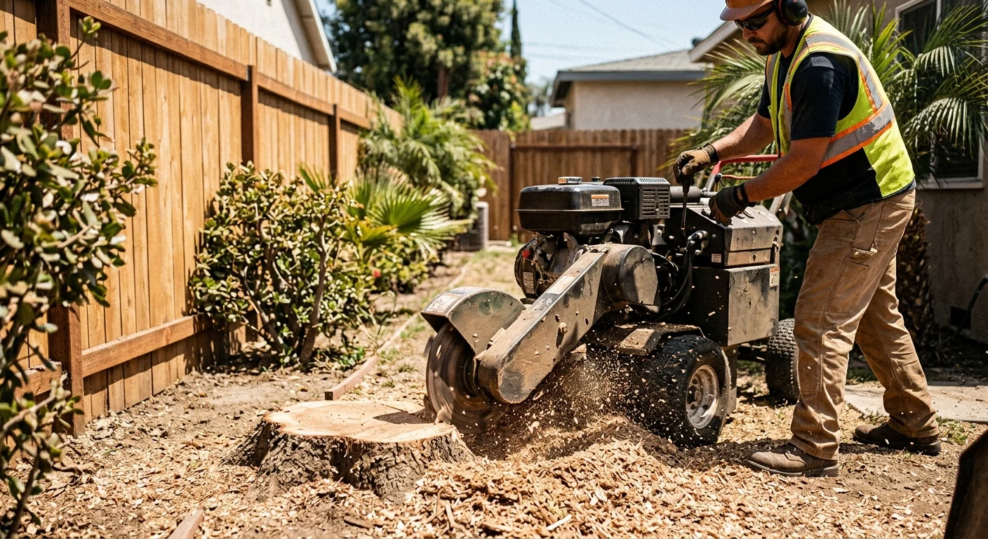 Stump grinder removing a stump below grade in a narrow side yard