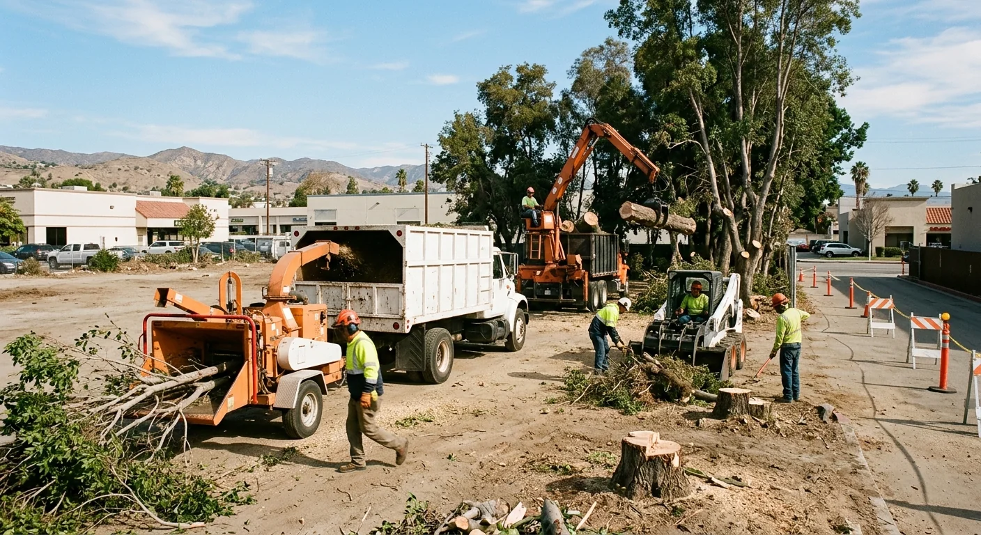 Multiple trees being cleared on a Burbank commercial parcel