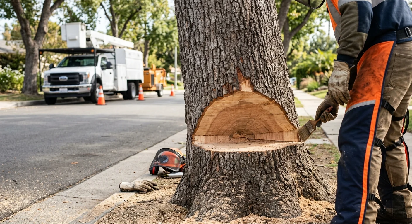Close-up of a precise felling notch on a roadside tree trunk