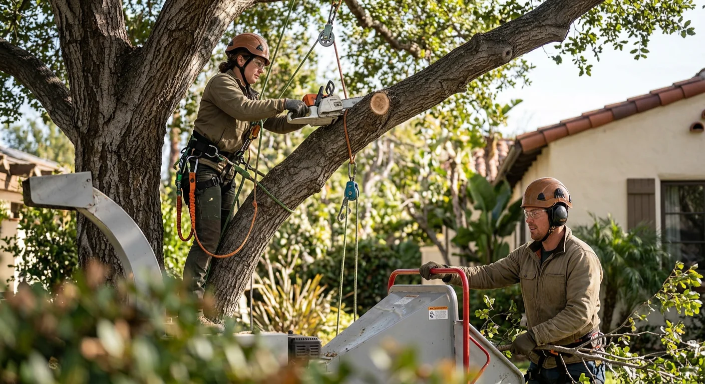 Tree service crew coordinating equipment for a scheduled Burbank property visit
