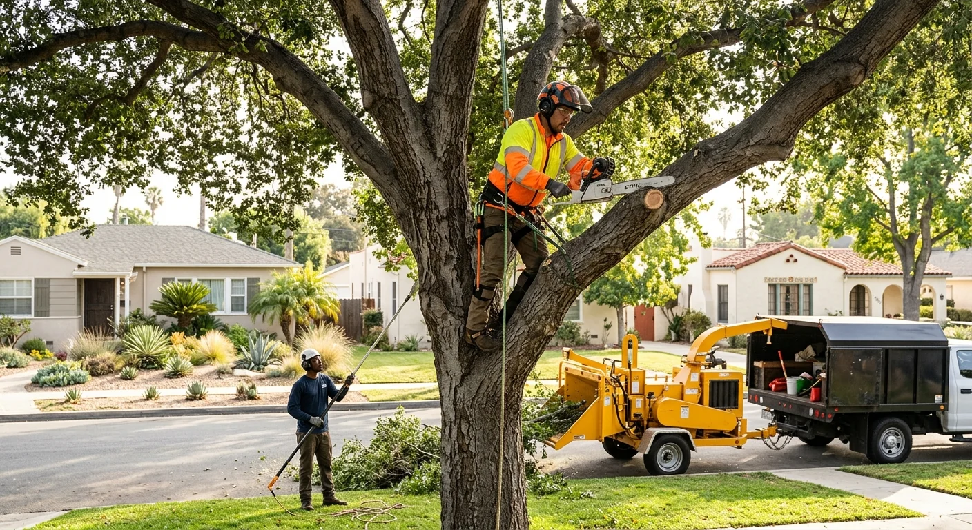 Tree service crew reviewing a written estimate with a Burbank homeowner in the yard