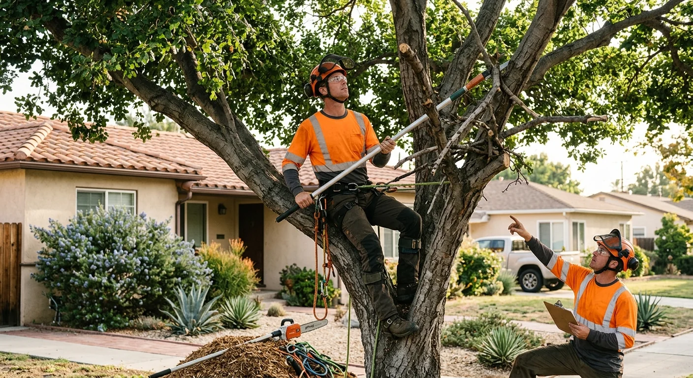 Arborist evaluating a large backyard tree canopy in a Burbank neighborhood