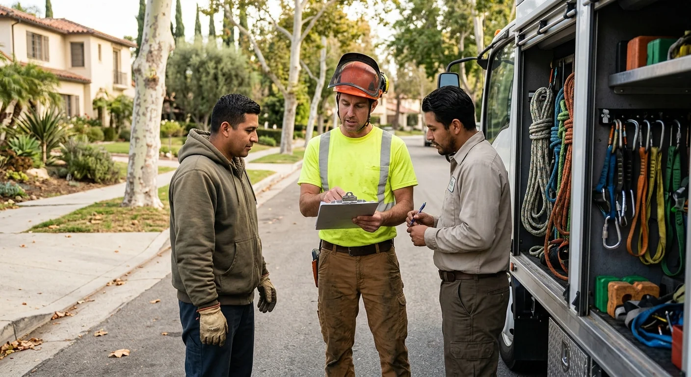 Crew reviewing a written tree planting service estimate beside modern rigging equipment