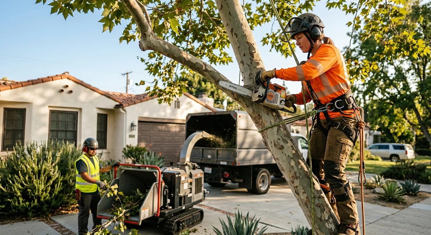 Tree service crew coordinating a scheduled removal at a Burbank property
