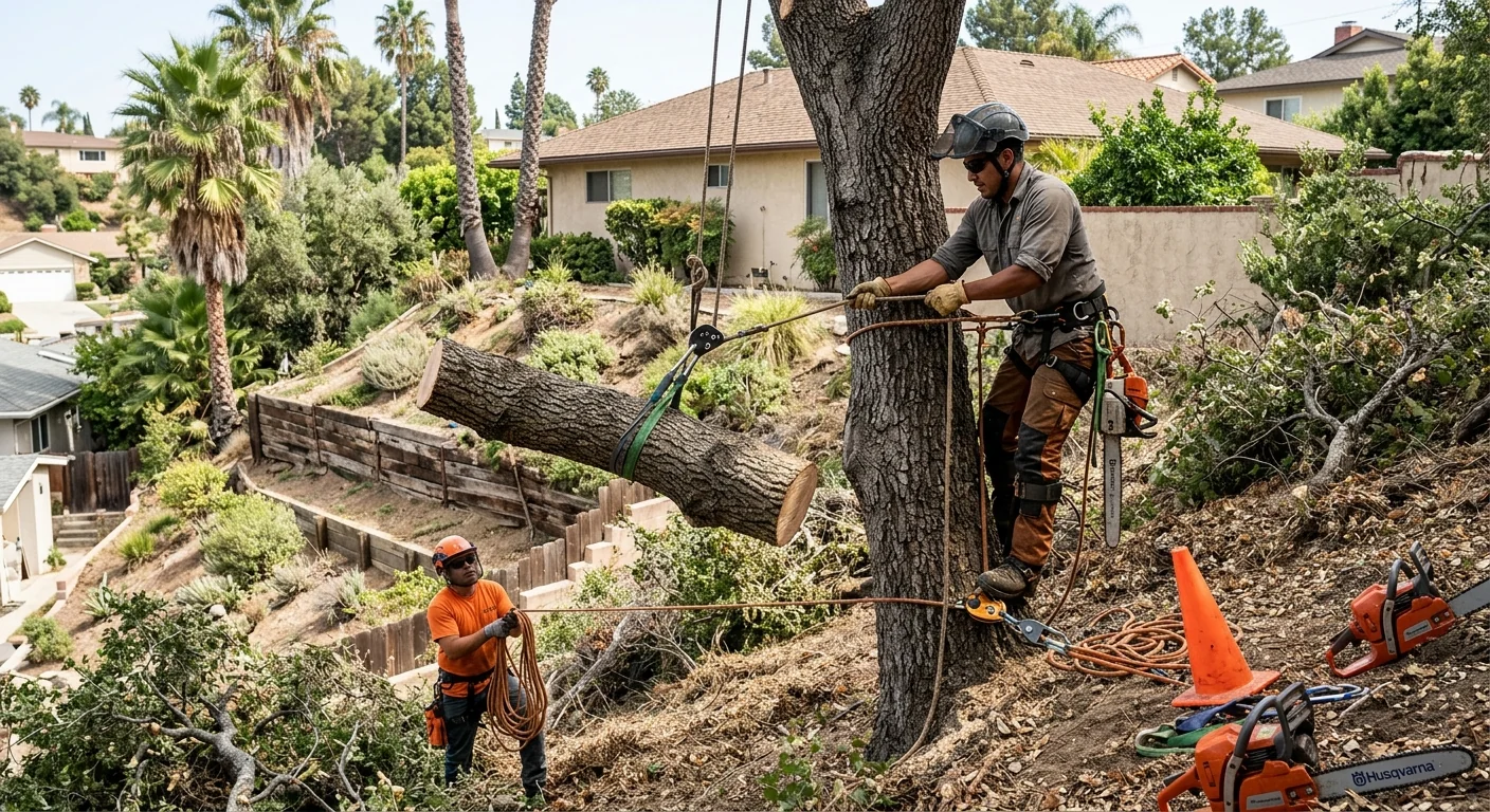 Arborist rigging a large limb on a sloped Burbank residential lot