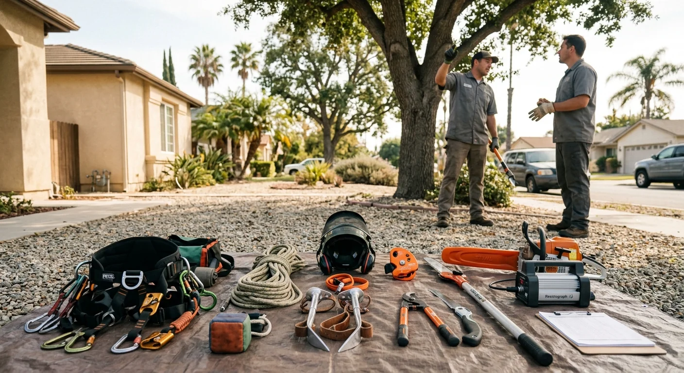 Inspection tools and climbing gear staged for a tree service job in Burbank