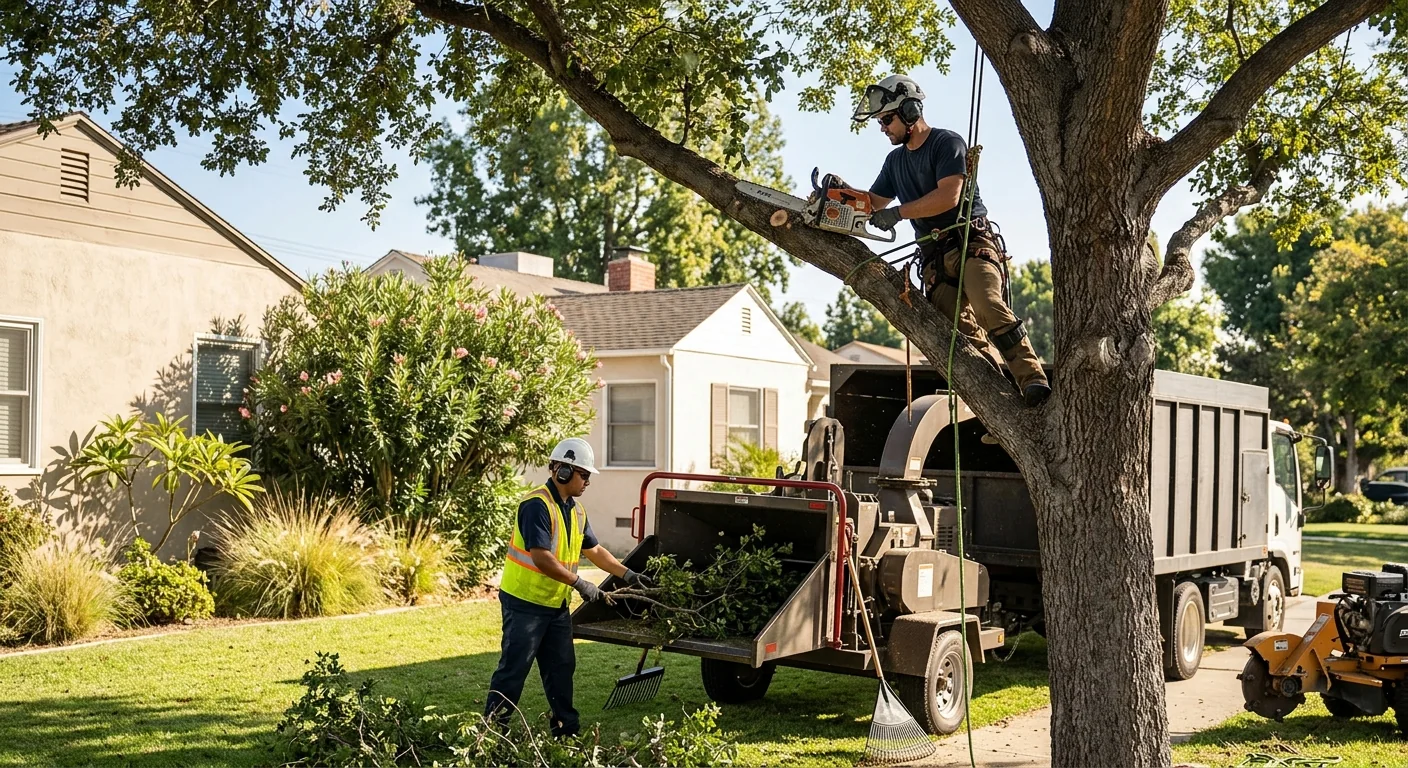 Tree service crew reviewing project details with a Burbank homeowner on site