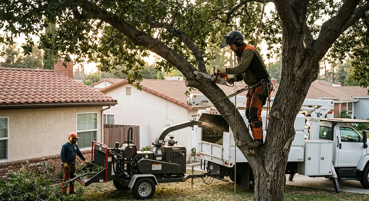 Tree crew reviewing a job plan in a Burbank residential yard