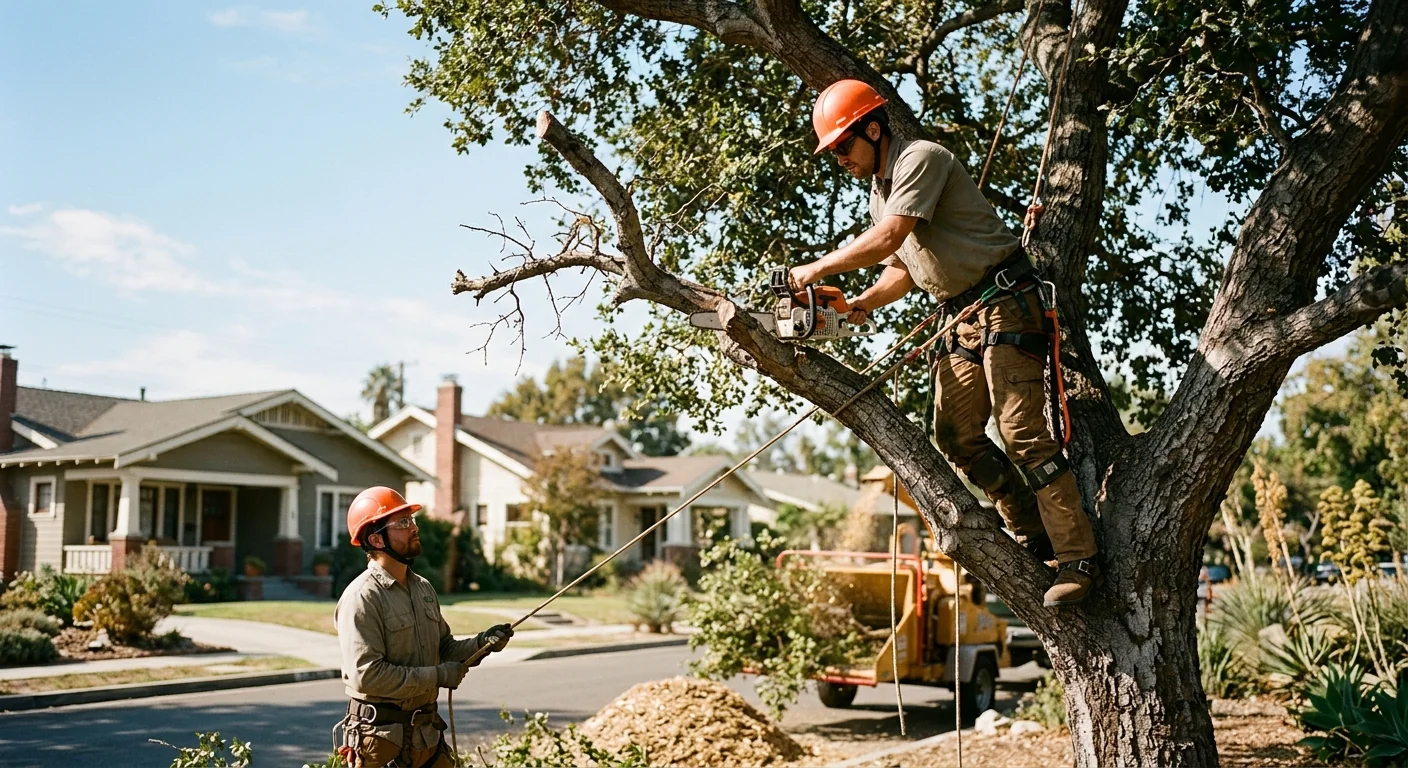Arborist thinning a mature tree canopy on a Burbank residential property