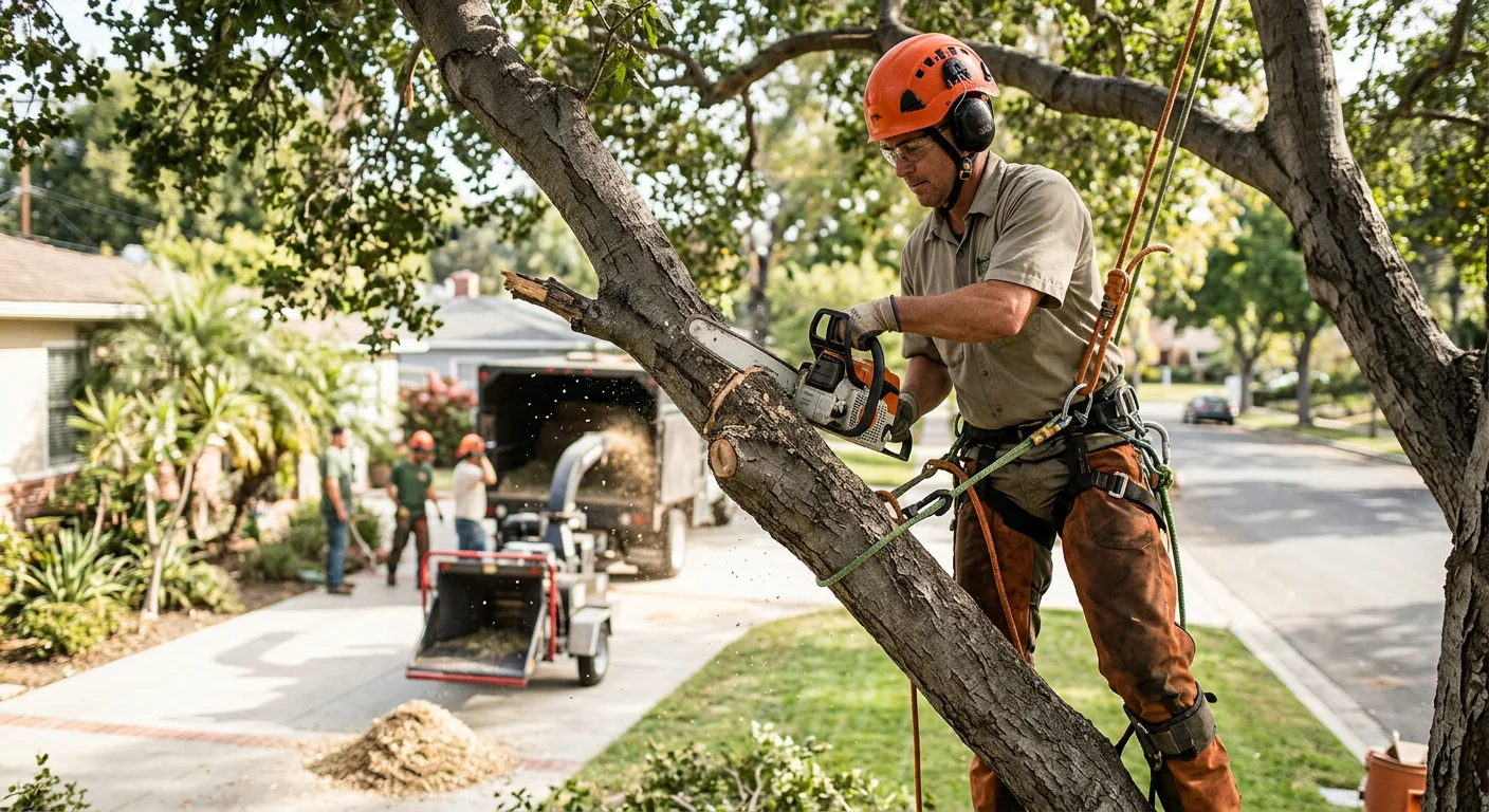 Crew performing structural pruning near a home during a Burbank tree service visit