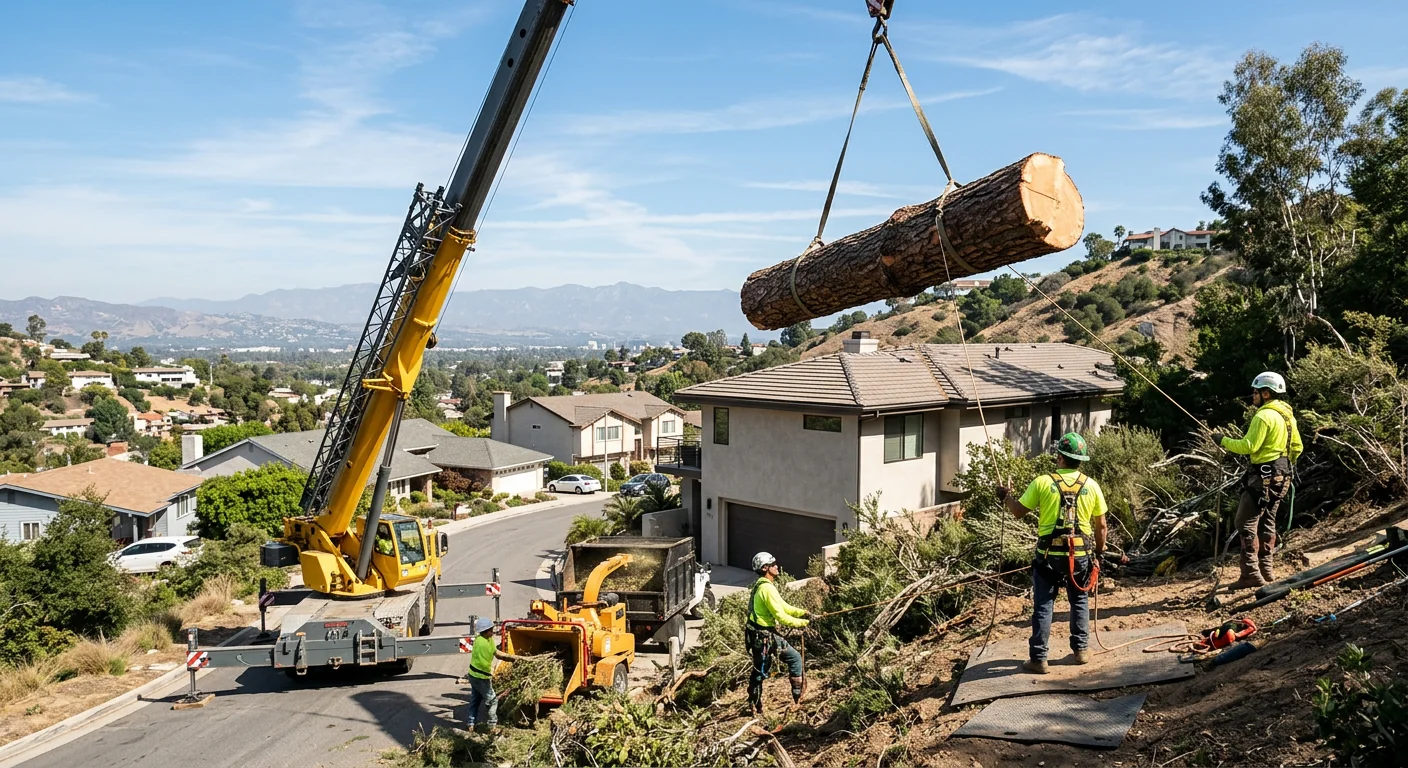 Crane lifting a large pine section over a hillside Burbank home during removal