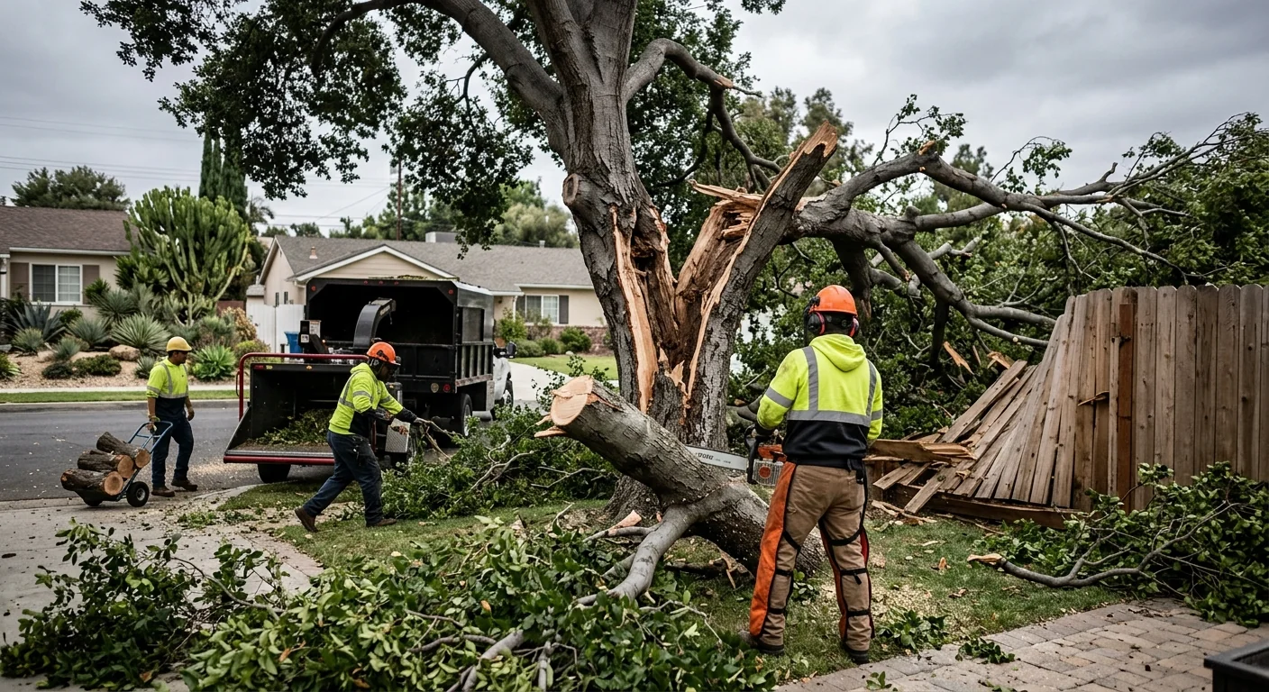 Crew clearing fallen storm-damaged tree limbs from a Burbank backyard