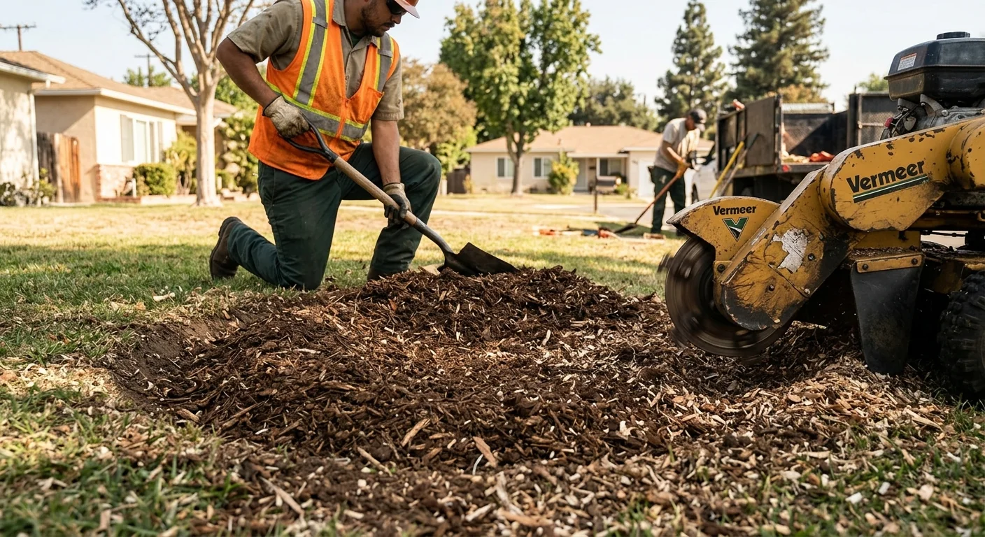 Freshly ground tree stump leveled below grade in a Burbank yard