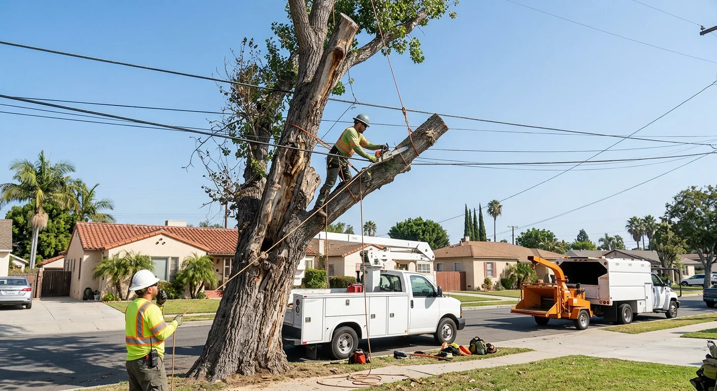 Careful removal of a leaning hazardous tree beside utility lines