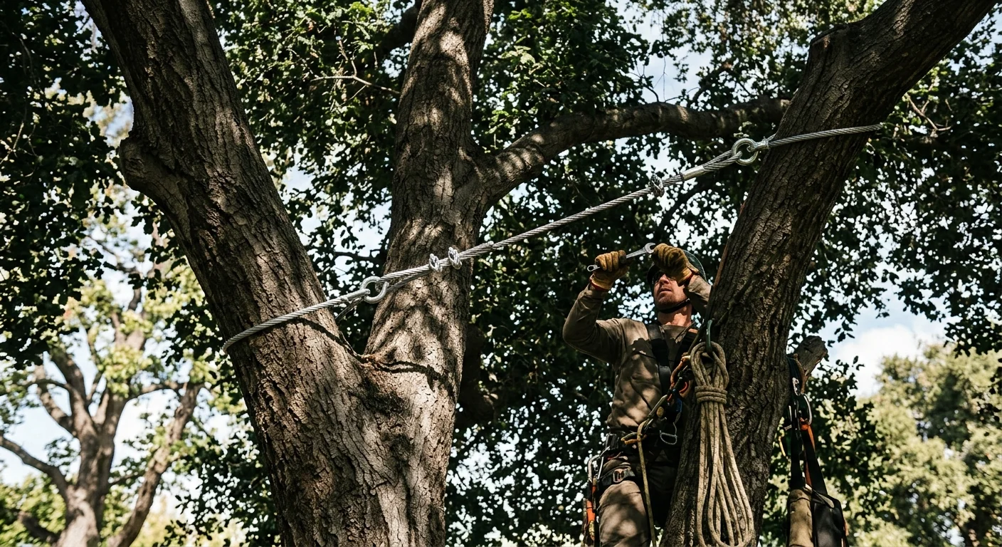 Support cable installed high in a mature oak to reduce splitting