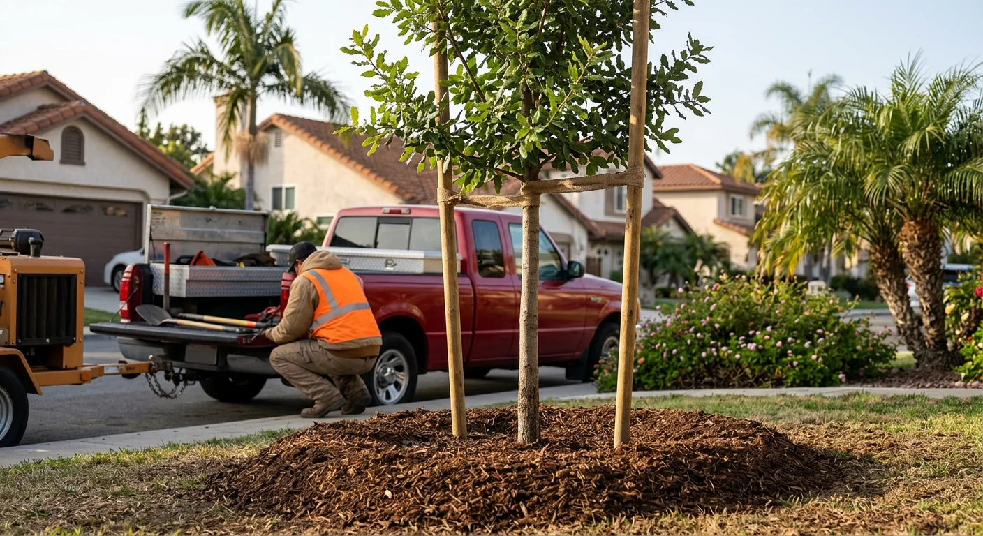 Newly planted young shade tree staked in a residential Burbank yard