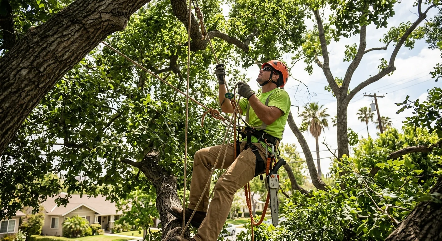 Arborist using climbing rope to reach upper canopy during Burbank tree trimming
