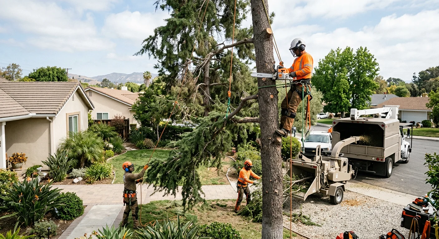 Wide view of crew performing controlled tree removal in a residential Burbank yard