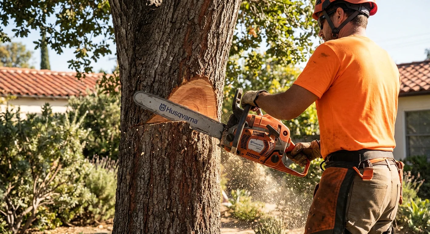 Close-up of chainsaw making a directional felling cut on a large trunk