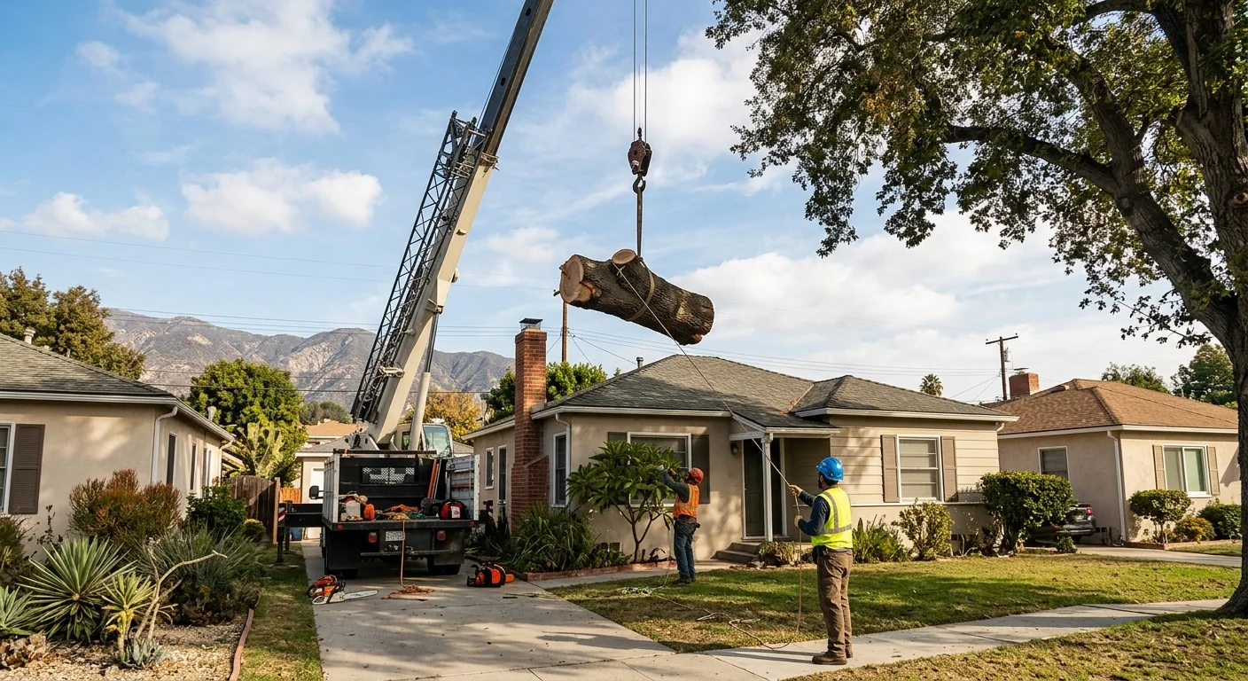 Crane lifting a heavy tree section over a tight suburban property