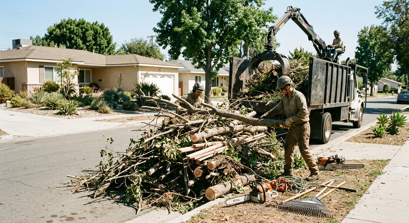 Storm-damaged branches stacked and staged for hauling after wind cleanup