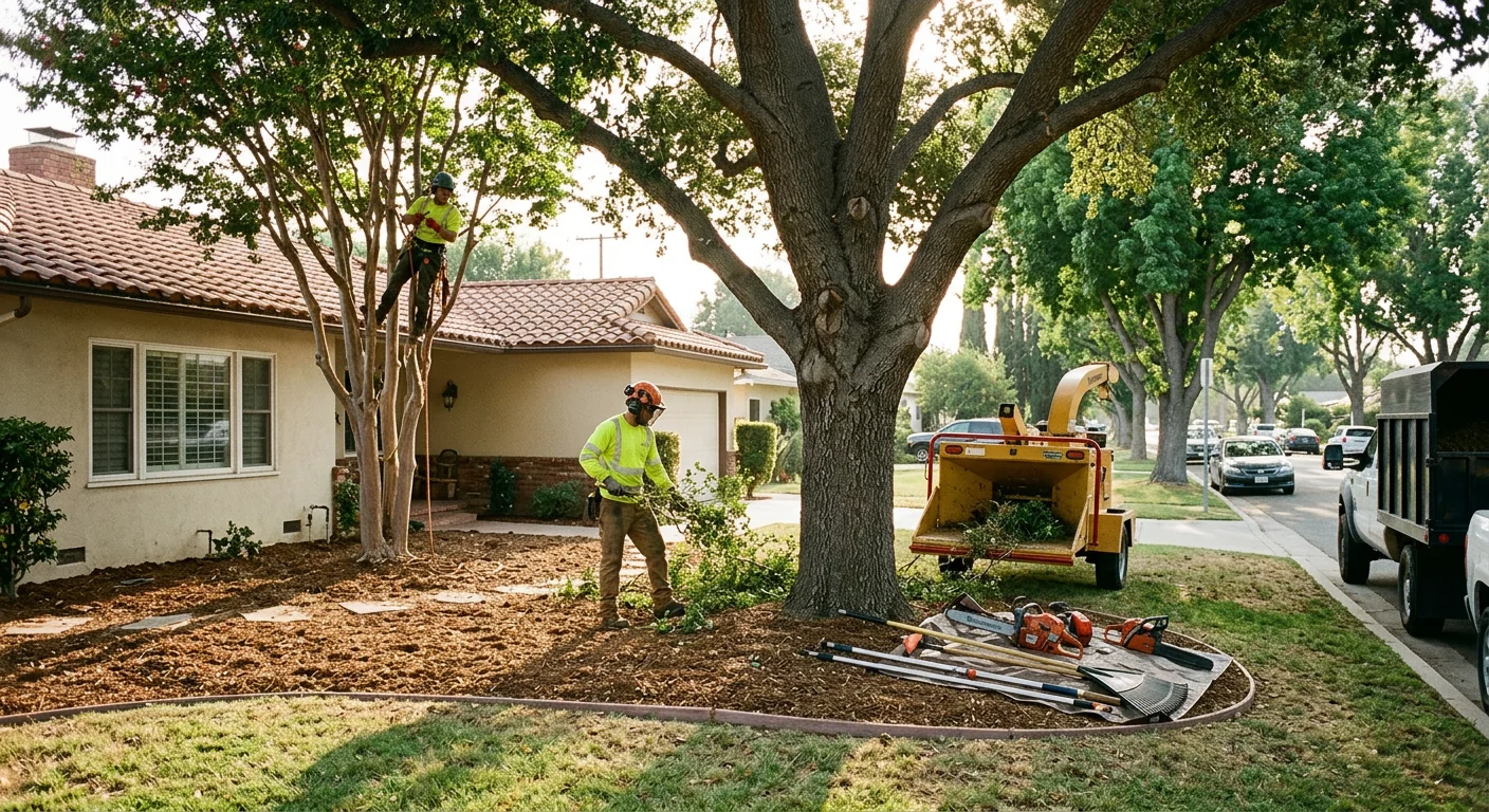 Finished front yard with neatly pruned trees and cleared ground in Burbank