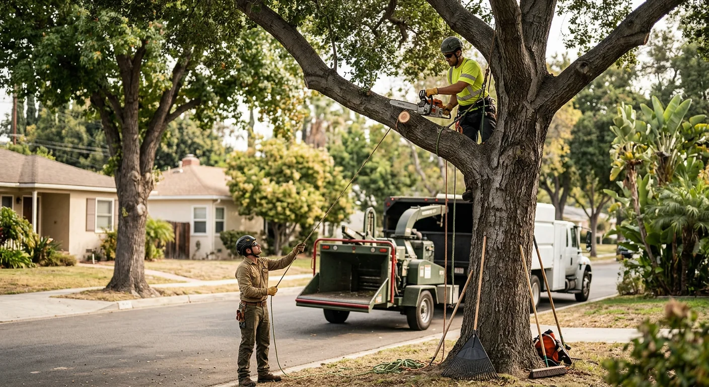 Tree crew reviewing safety protocols before a removal on a Burbank property