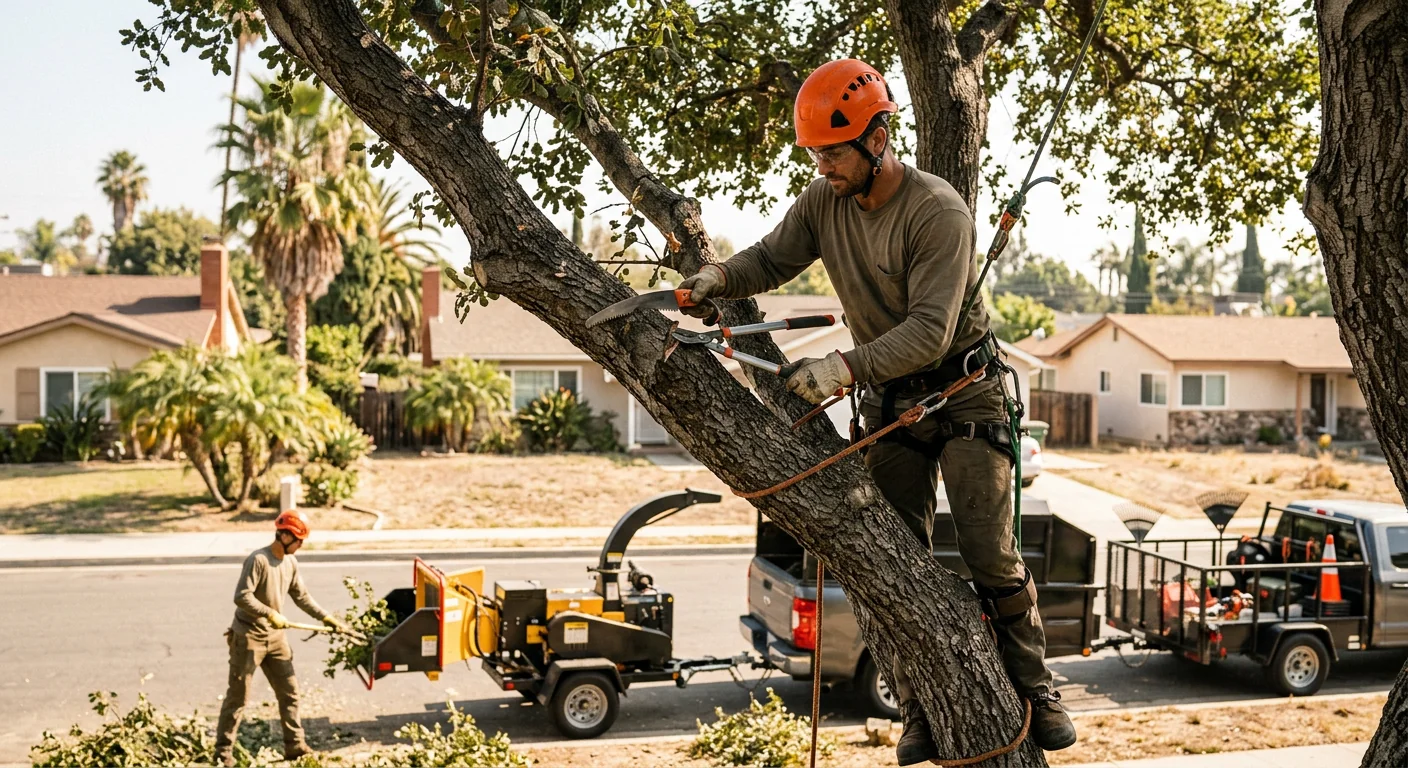 Tree crew performing structural pruning on a mature Burbank residential property