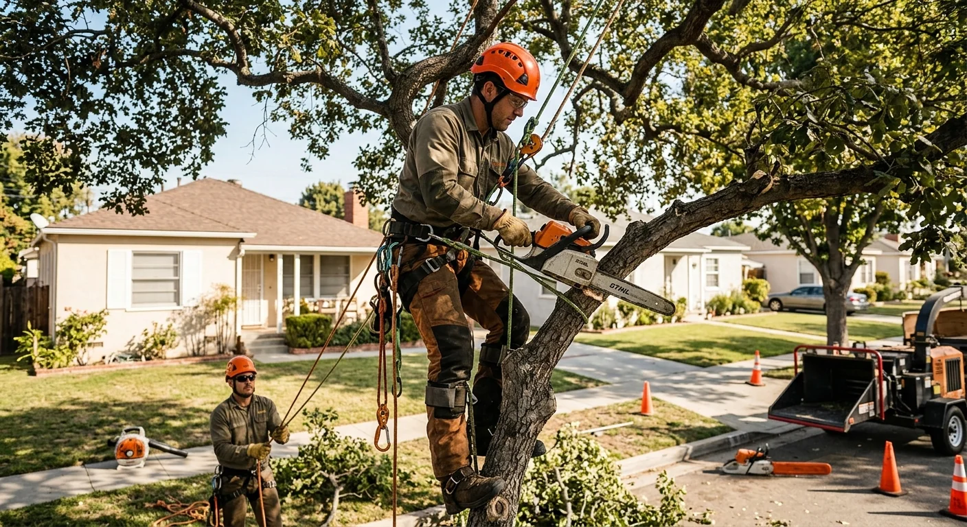 Arborist trimming a mature tree canopy above a Burbank residential yard