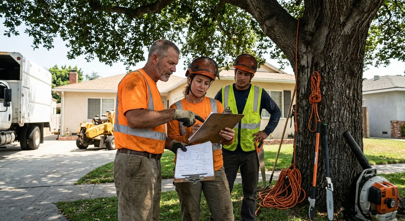 Crew reviewing trimming scope and written estimate beside a shade tree