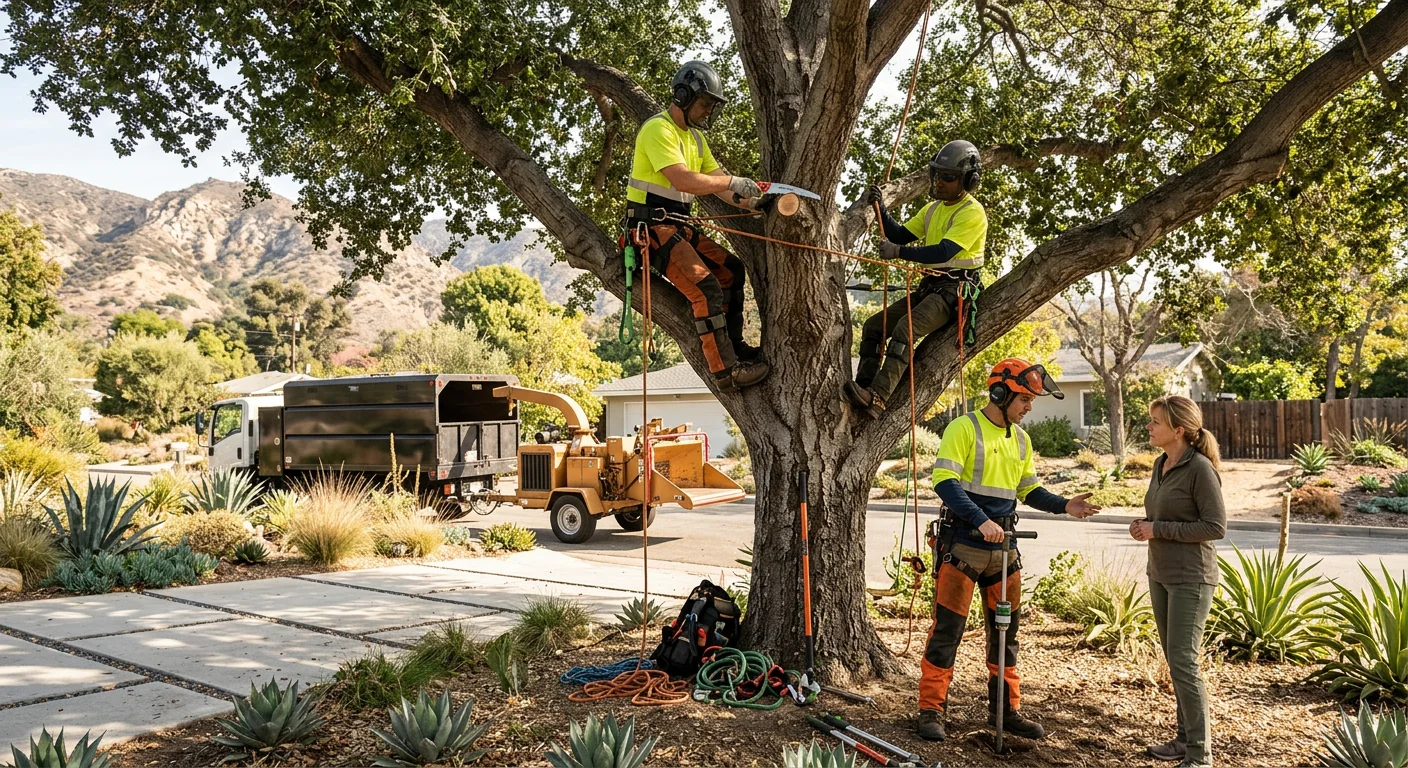 Trimmed residential trees with balanced canopies along a Burbank property line