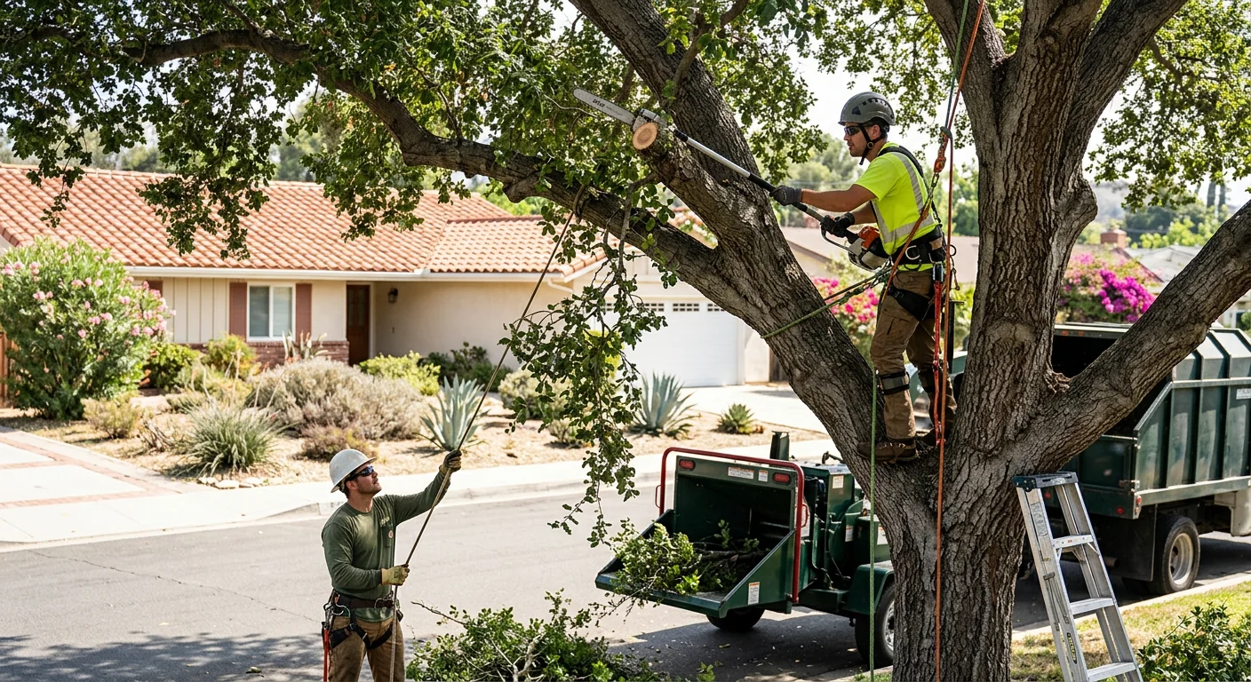 Overgrown tree with dead limbs and crossing branches needing trimming on a Burbank property