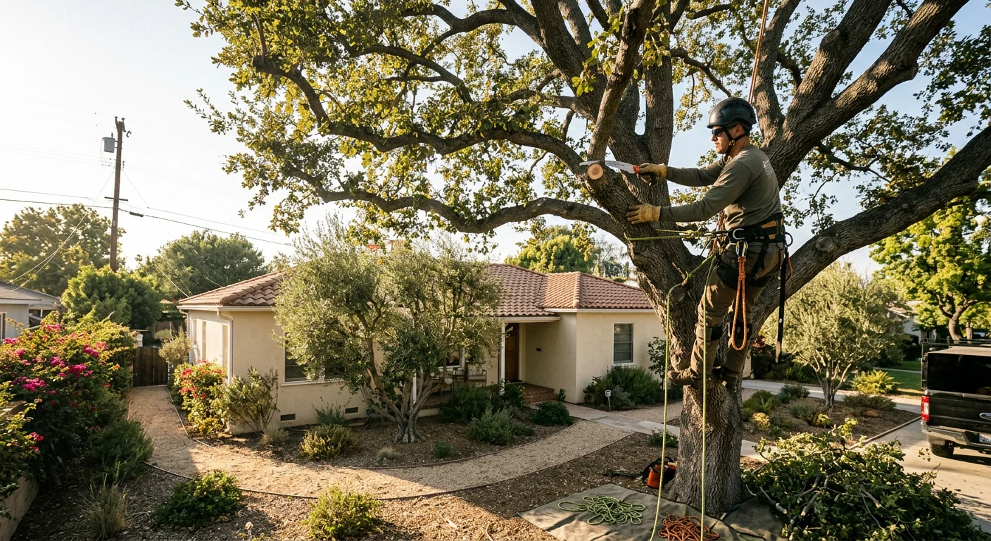 Arborist thinning a mature oak crown in a Burbank backyard for long-term health