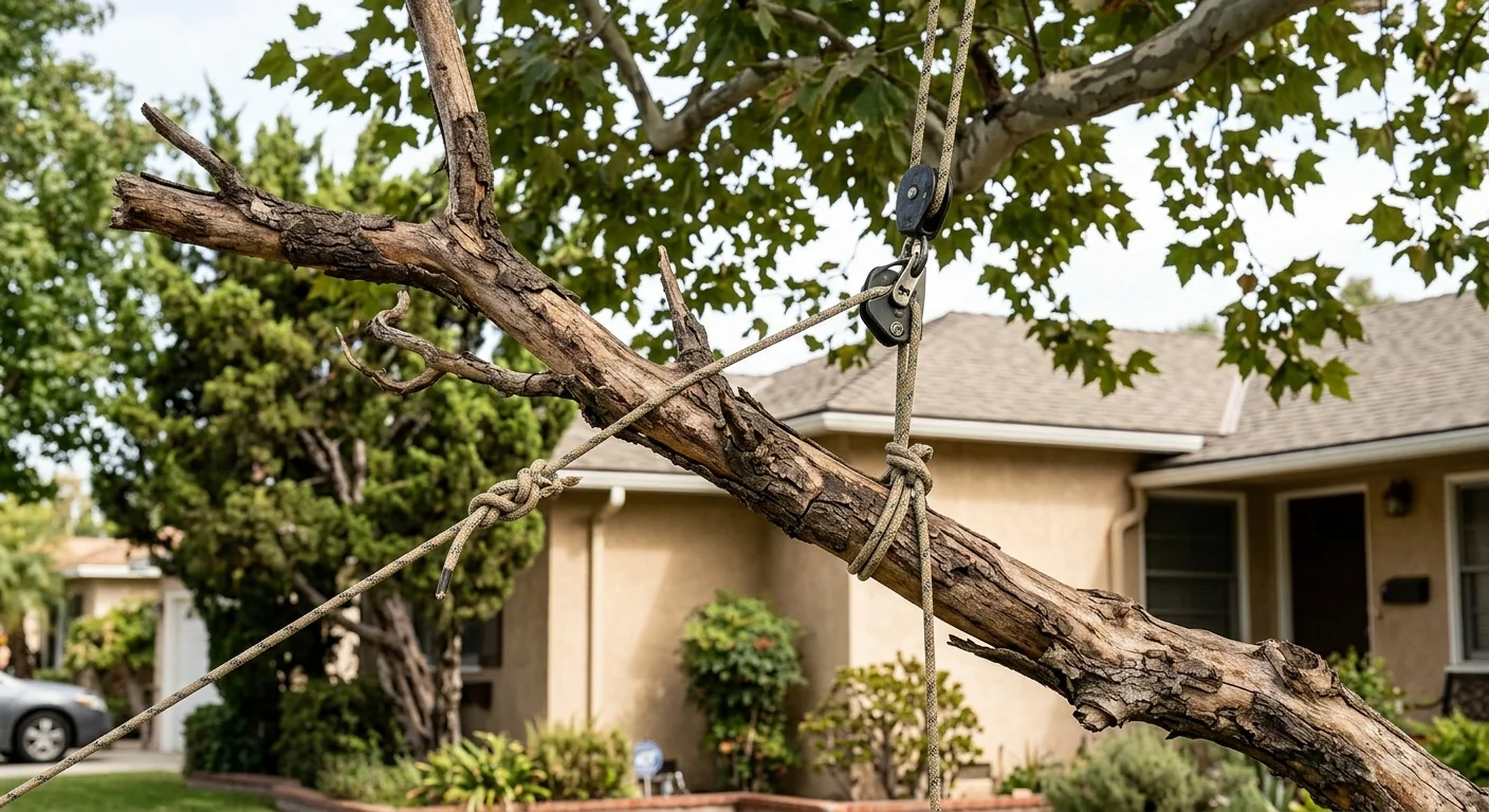 Deadwood removal from a tall sycamore protecting the yard below in Burbank