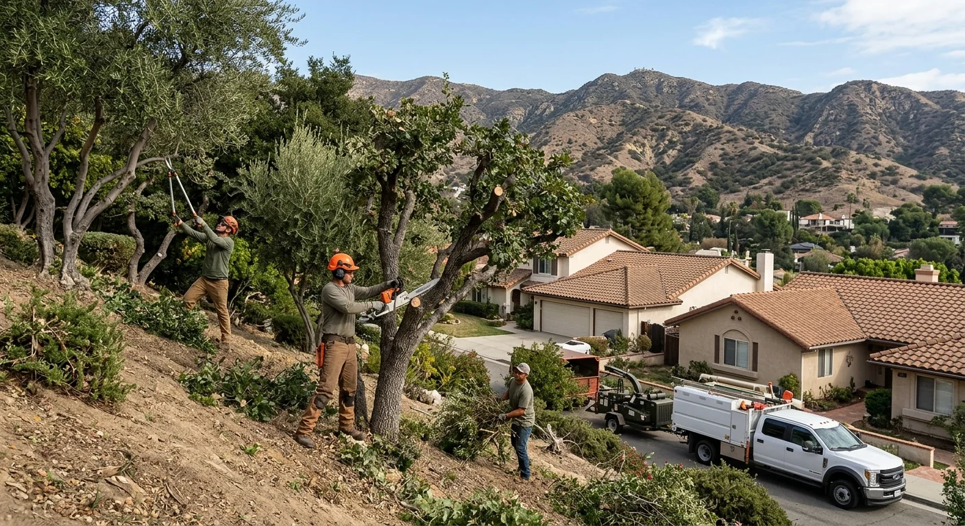 Shaped ornamental tree canopy on a Burbank hillside lot after careful pruning