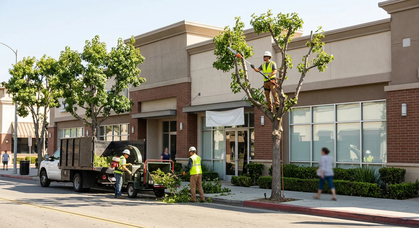 Trimmed frontage trees improving clearance along a Burbank commercial property