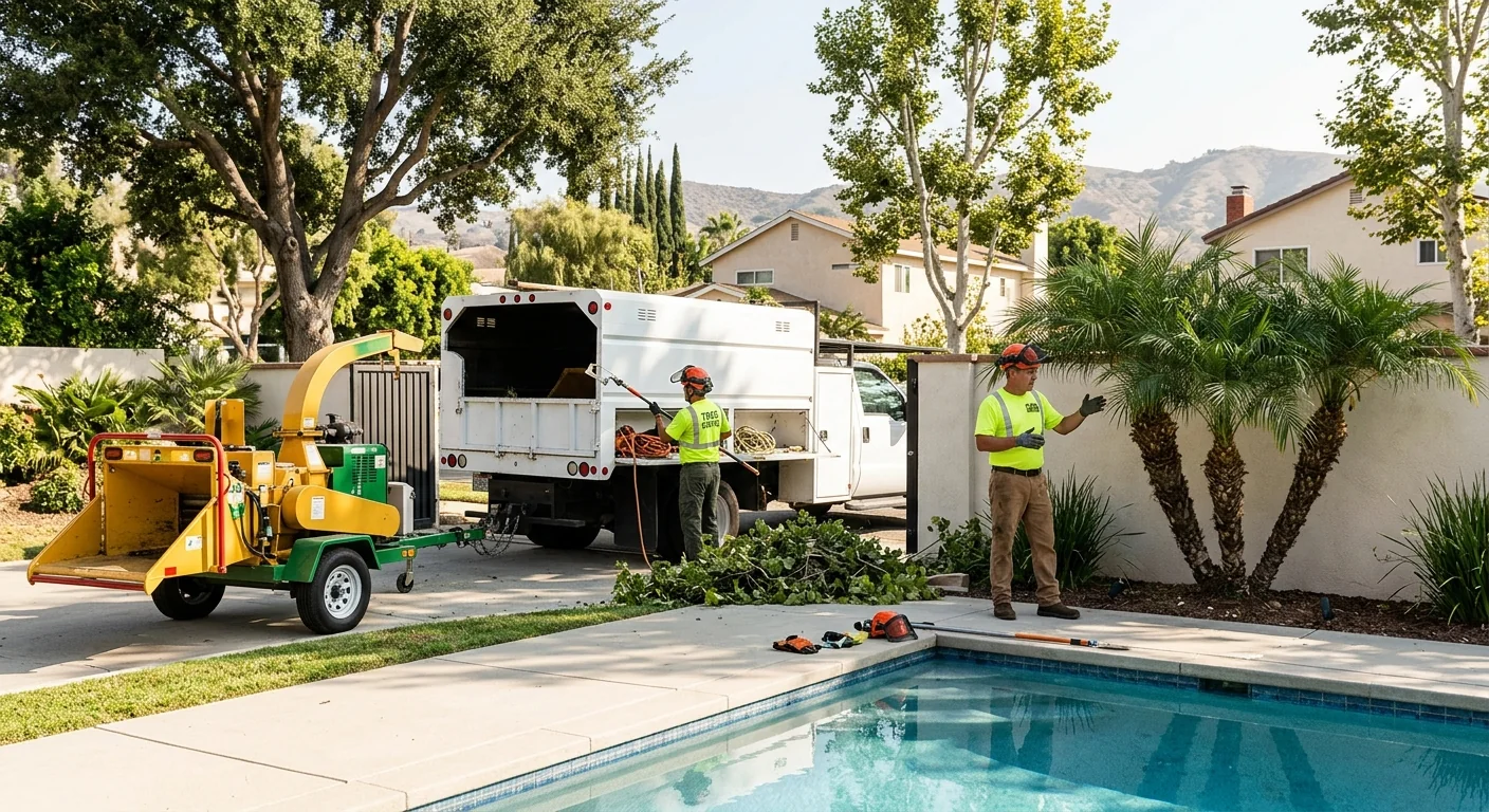Trimmed shade trees near a Burbank pool deck reducing debris on surfaces