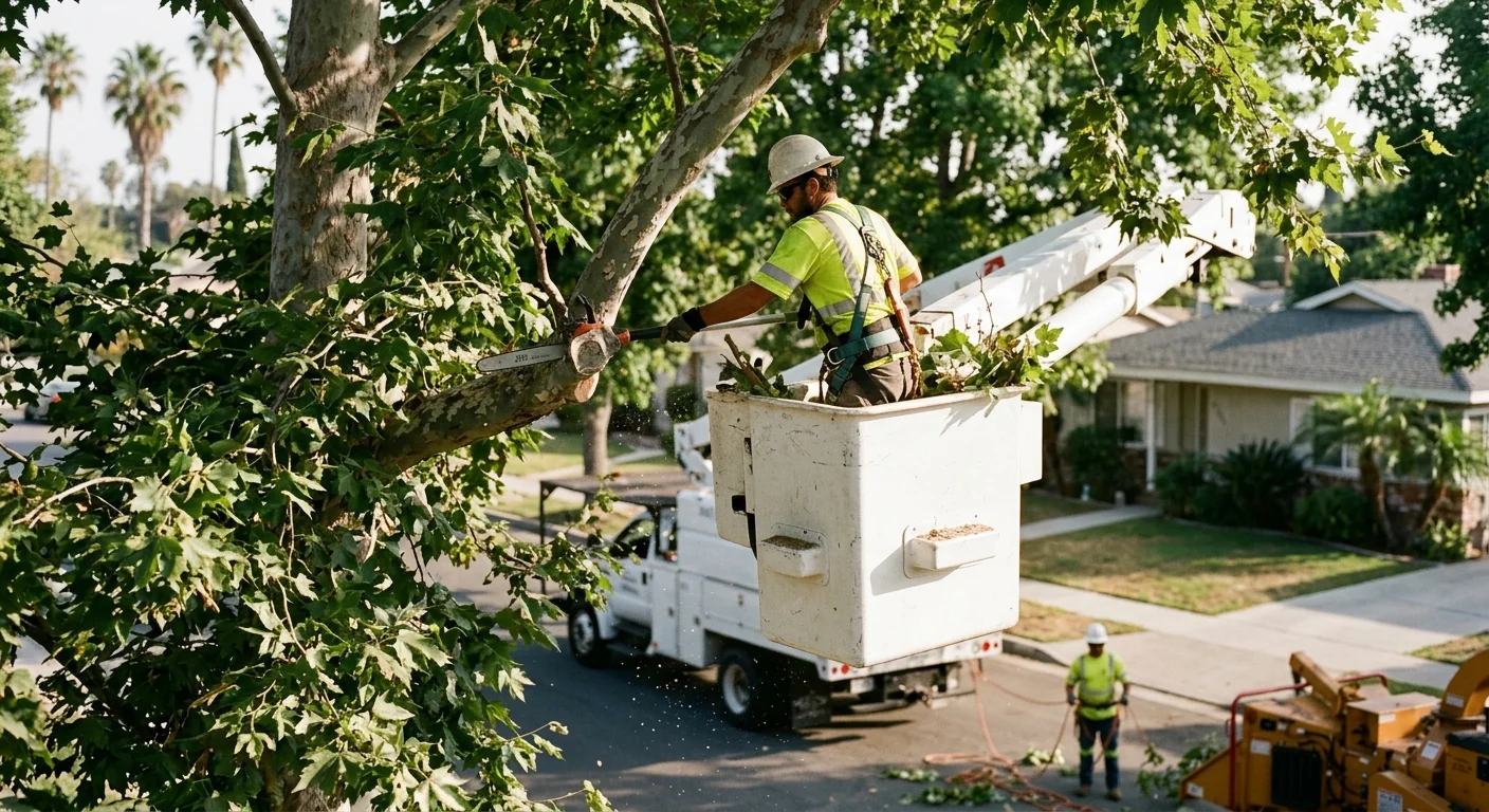 Aerial lift supporting canopy reduction on a large Burbank street tree