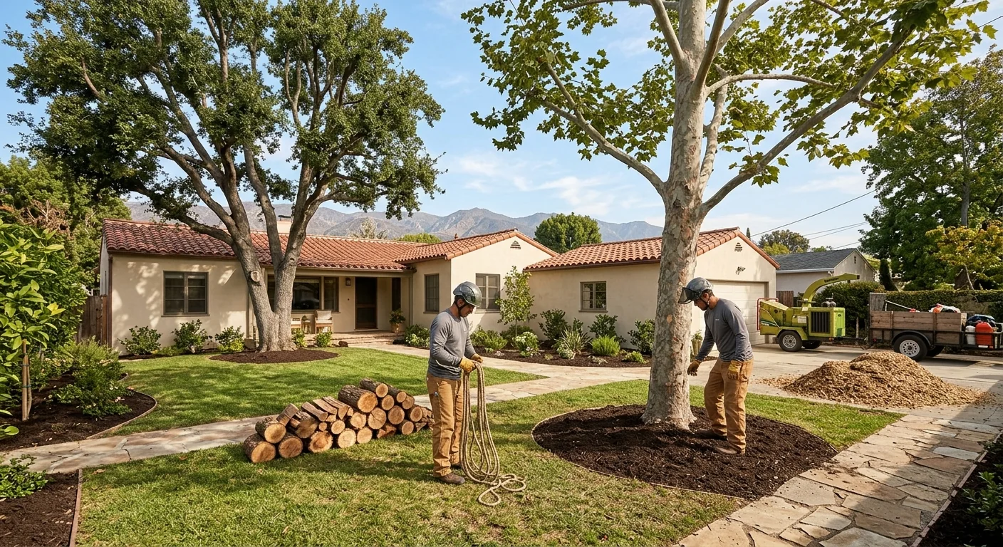 Finished multi-tree yard trim with balanced canopies in a Burbank neighborhood